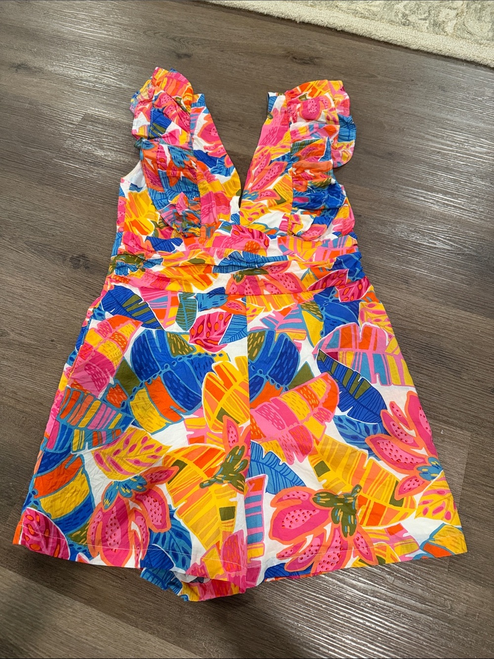J.Marie Women’s Bright Floral Ruffle Romper - Pink, Blue & Yellow